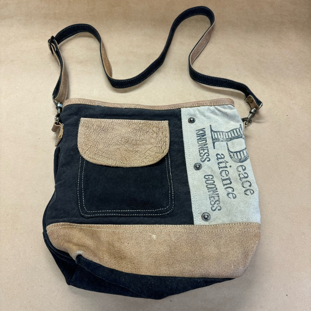 Myra Bag - Peace and Goodness Upcycled Canvas Genuine Leather Trim Crossbody